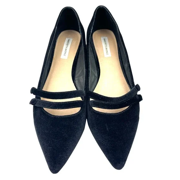 Saks Fifth Avenue Flats Women 10 Black Good Velvet Mary Jane Pointed Toe Luxury - Picture 2 of 16